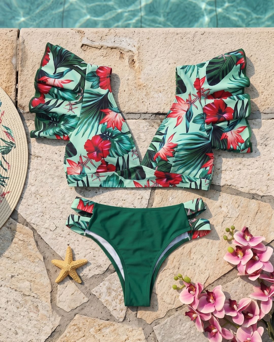 Biquíni Meia Taça Com Folhos E Estampado Tropical