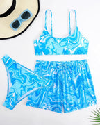 Conjunto Top Faixa + Cueca + Calções Com Estampado Abstrato