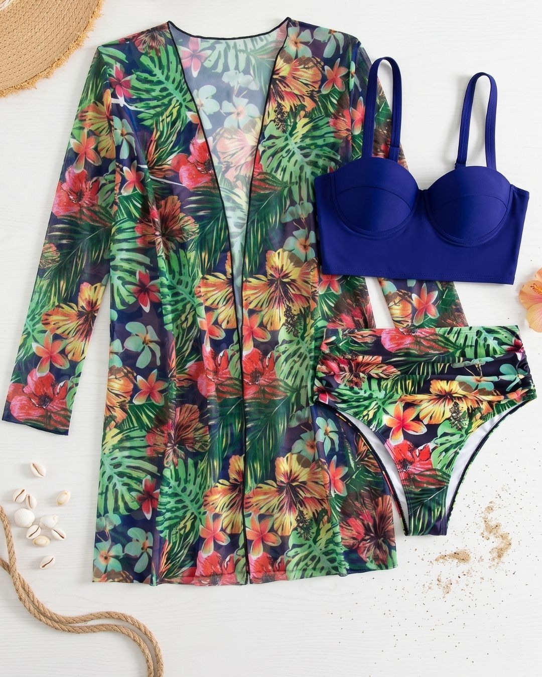 Biquíni + Saída de Praia Meia Taça Com Estampado Tropical