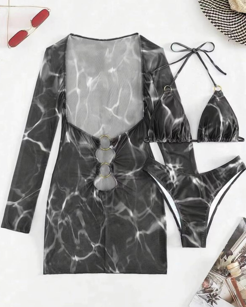 Biquíni Triângulo + Vestido Transparente Com Argolas