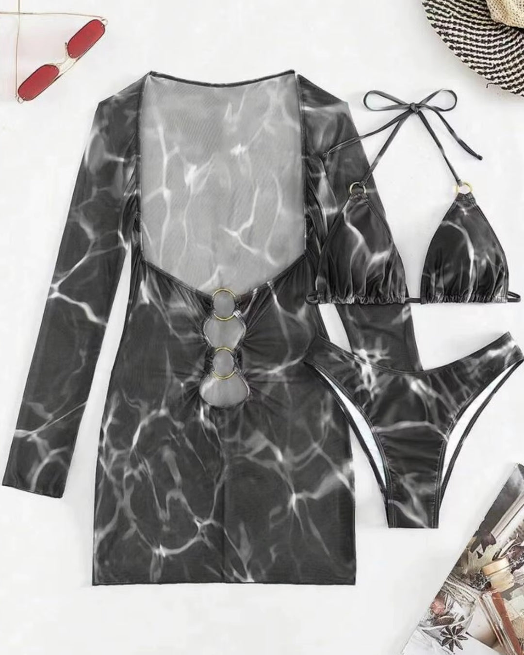 Biquíni Triângulo + Vestido Transparente Com Argolas