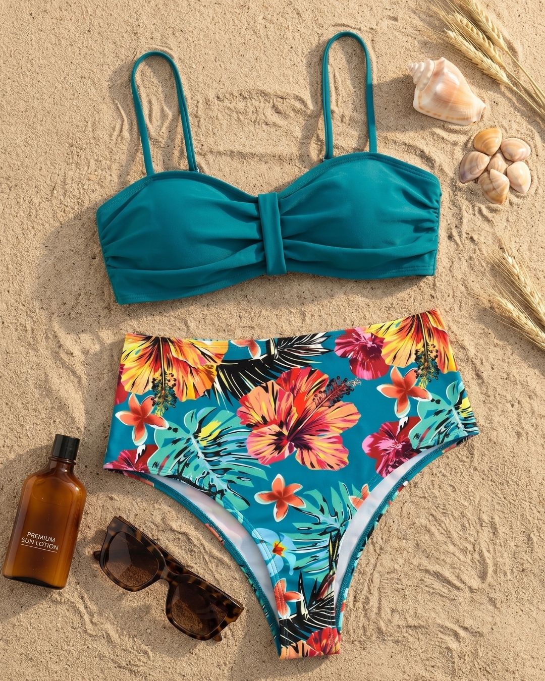 Biquíni Cintura Alta Estampado Com Top Bandeau Franzido