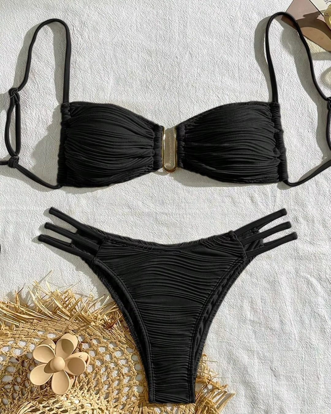 Biquíni Faixa Franzido Com Tiras Laterais Elegante