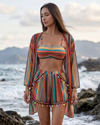 Conjunto Biquíni + Saída + Calções Étnico 4 Peças
