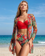 Biquíni + Saída de Praia Meia Taça Com Estampado Tropical