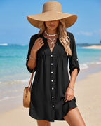 Saída de Praia Camiseira Com Botões Manga 3/4 Elegante