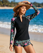Conjunto de Praia Calções Manga Comprida Com Fecho Floral