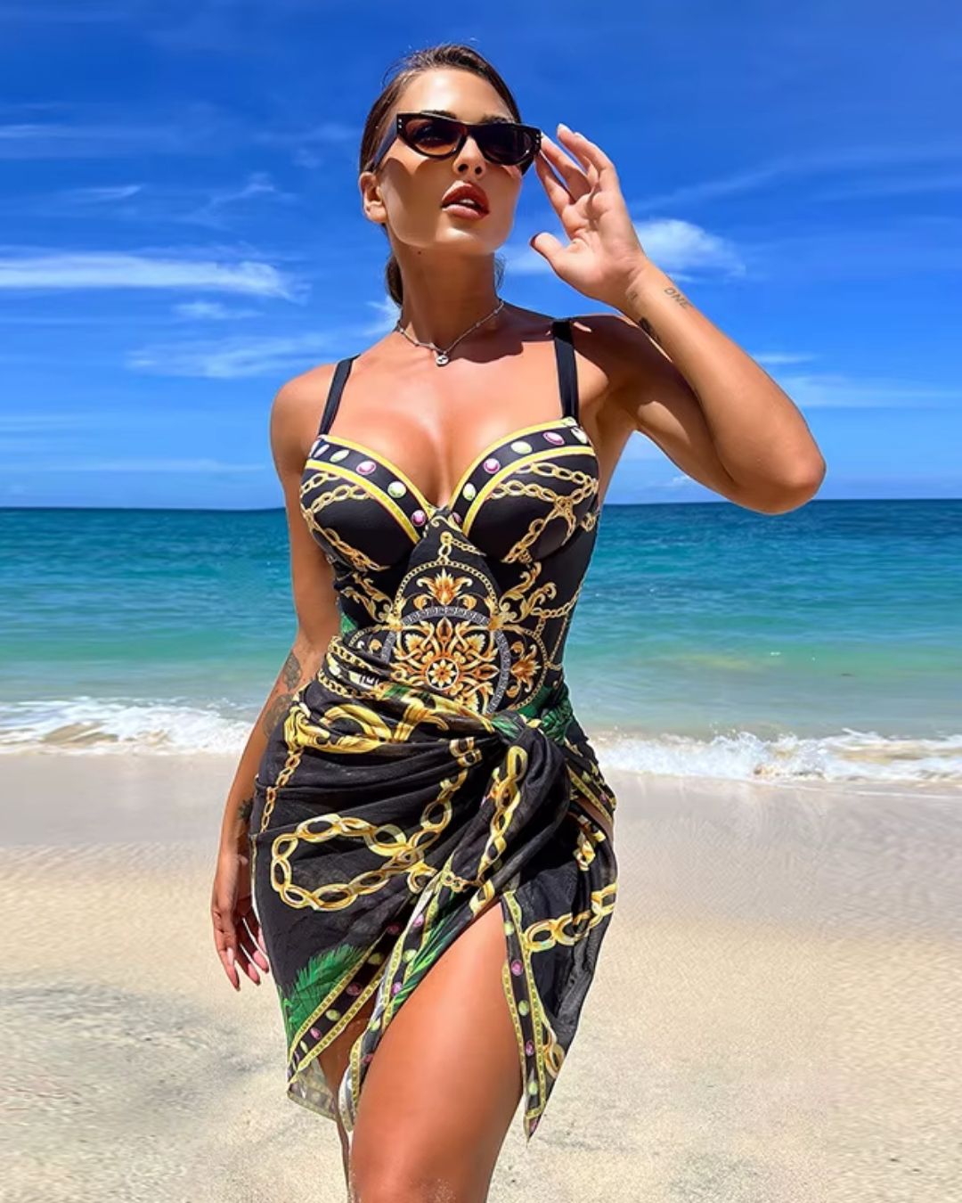 Fato de Banho + Saída de Praia Estampado Estilo Resort