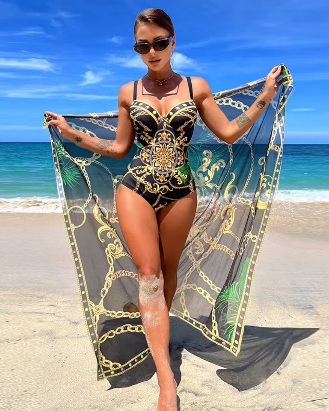 Fato de Banho + Saída de Praia Estampado Estilo Resort