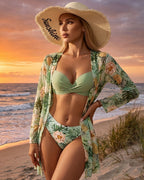 Biquíni + Saída de Praia Floral Estilo Resort Tropical