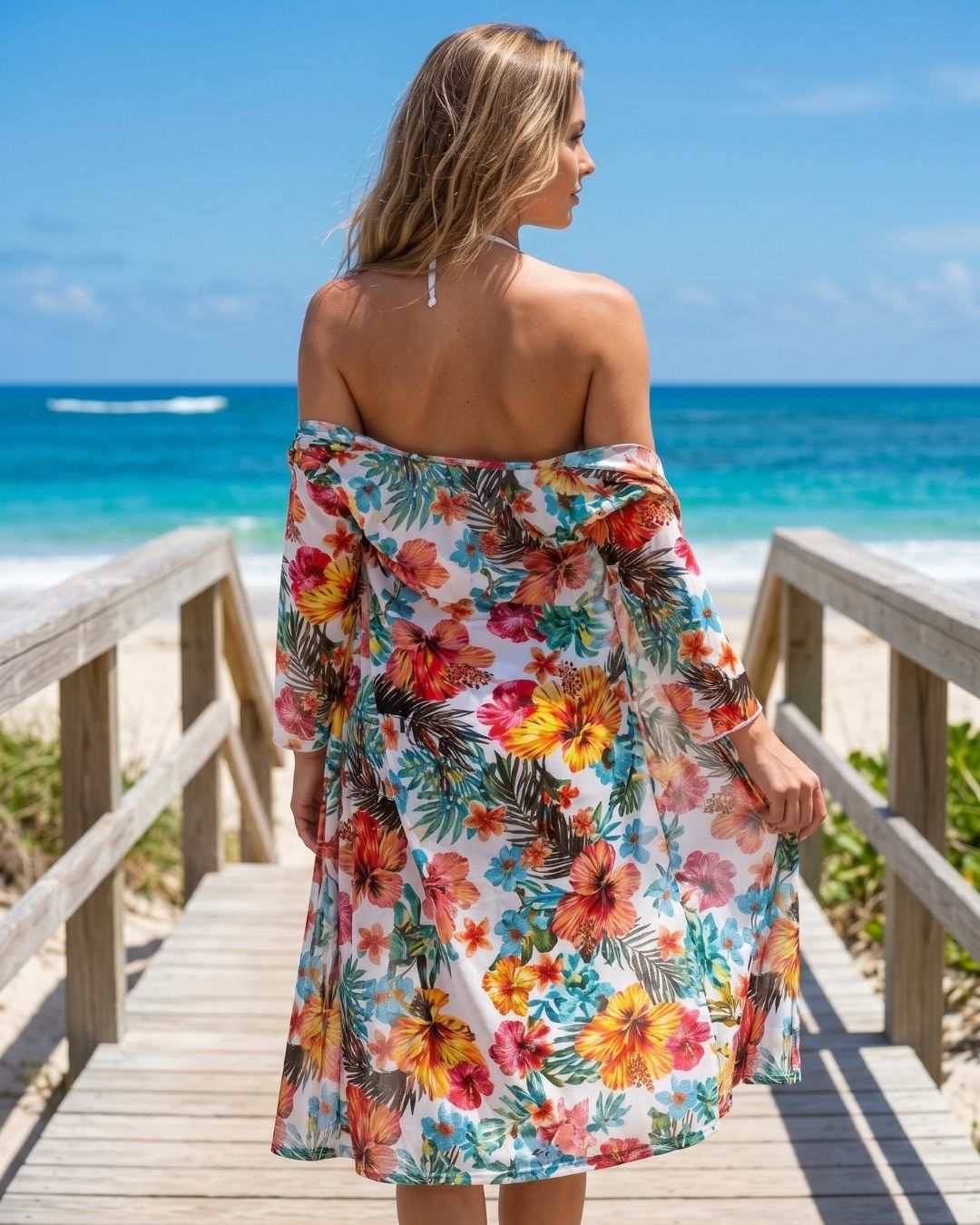Biquíni + Saída de Praia Floral Com Quimono Comprido