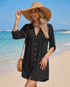 Saída de Praia Camiseira Com Botões Manga 3/4 Elegante