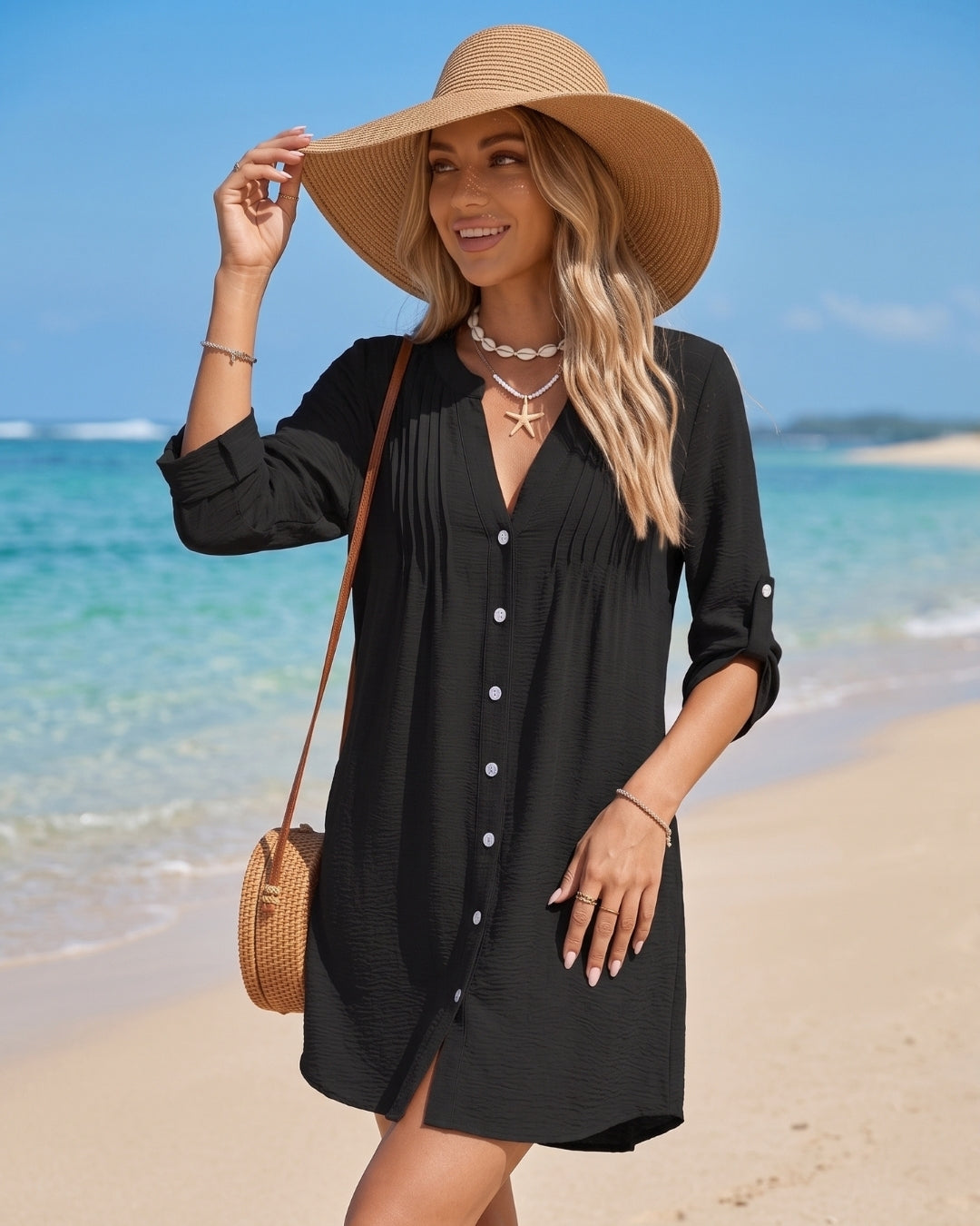 Saída de Praia Camiseira Com Botões Manga 3/4 Elegante