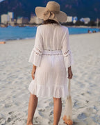 Saída de Praia Curta Com Manga Flare E Laço Frontal