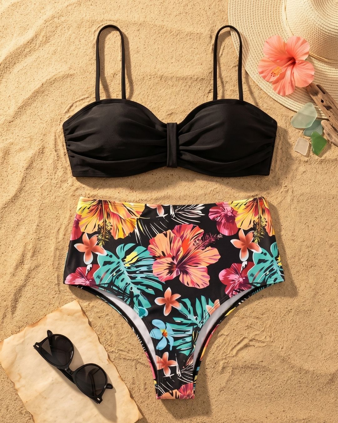 Biquíni Cintura Alta Estampado Com Top Bandeau Franzido