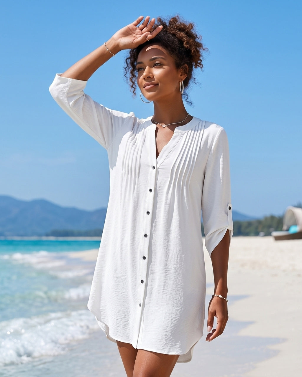 Saída de Praia Camiseira Com Botões Manga 3/4 Elegante
