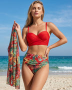 Biquíni + Saída de Praia Meia Taça Com Estampado Tropical