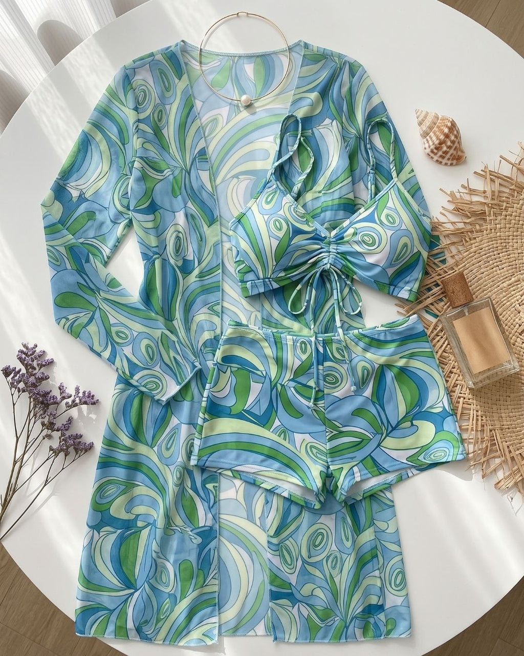 Biquíni + Saída de Praia Estampado Estilo Resort Retro