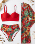 Biquíni + Saída de Praia Meia Taça Com Estampado Tropical