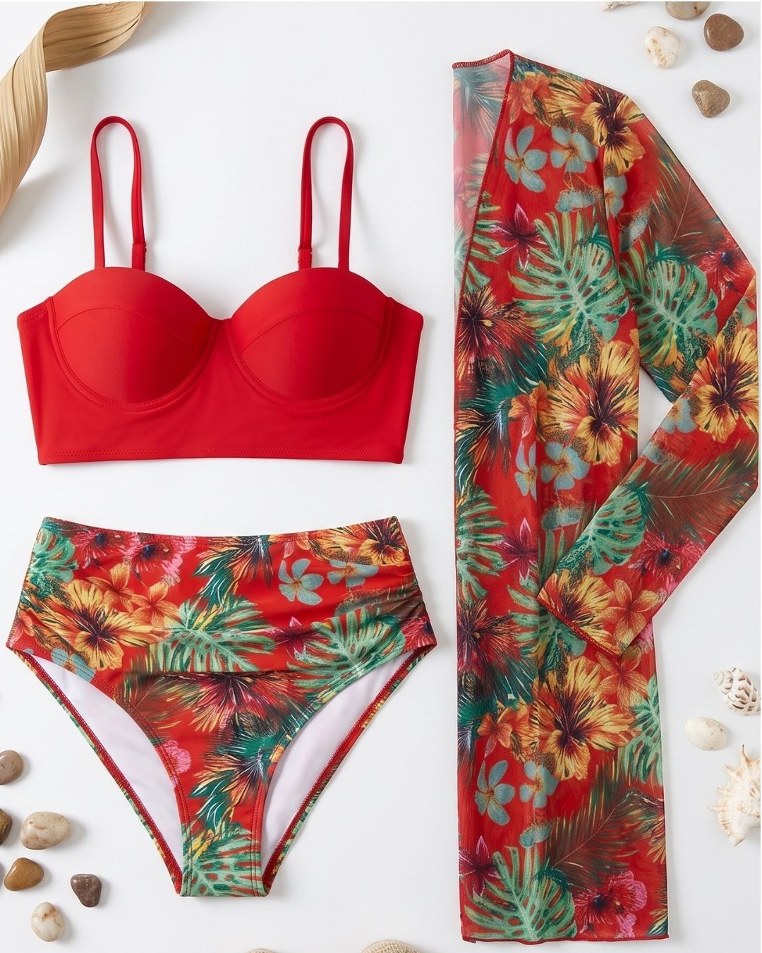 Biquíni + Saída de Praia Meia Taça Com Estampado Tropical