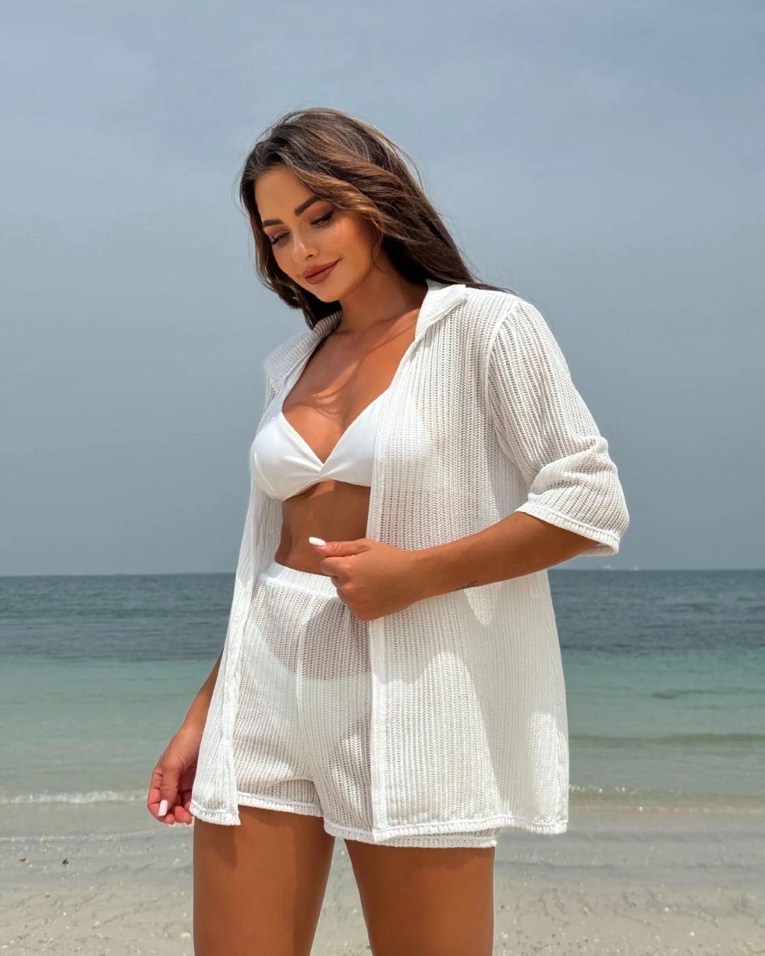 Conjunto de Praia Camisa E Calções Em Malha Perfurada Leve