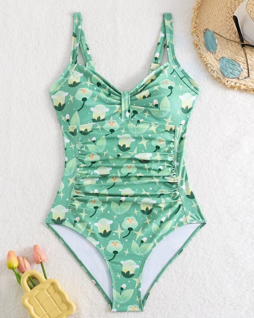 Fato de Banho Com Copas Franzido Tropical Modelador