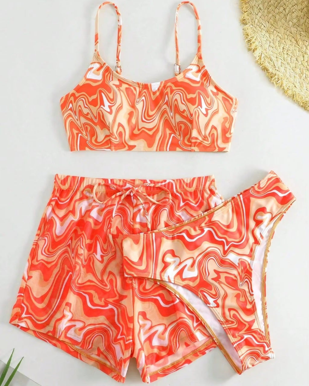 Conjunto Top Faixa + Cueca + Calções Com Estampado Abstrato