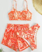 Conjunto Top Faixa + Cueca + Calções Com Estampado Abstrato