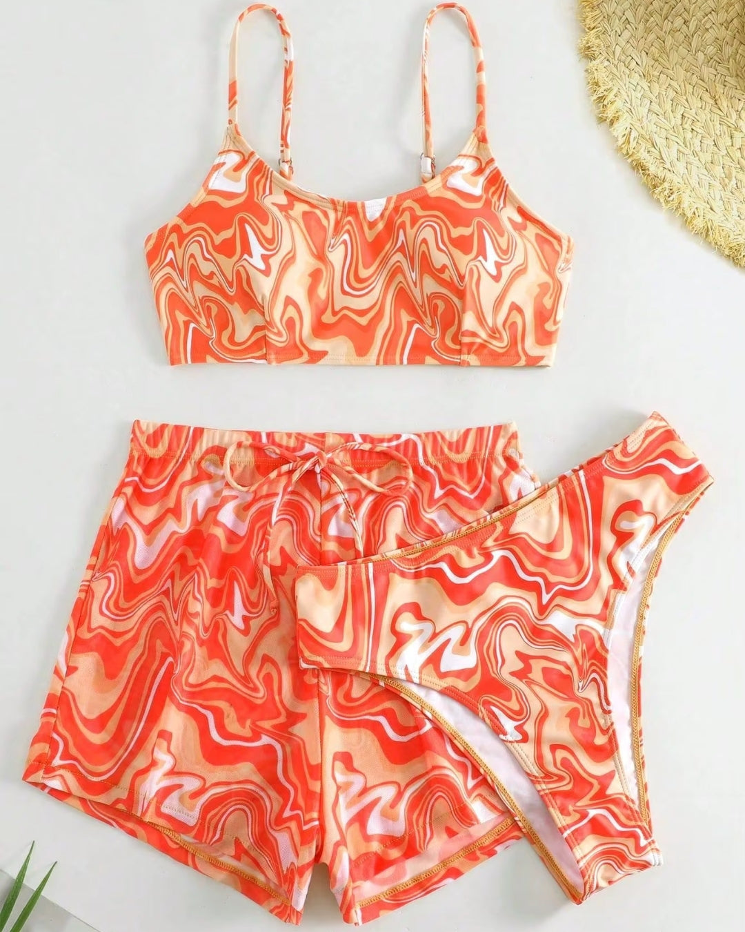 Conjunto Top Faixa + Cueca + Calções Com Estampado Abstrato