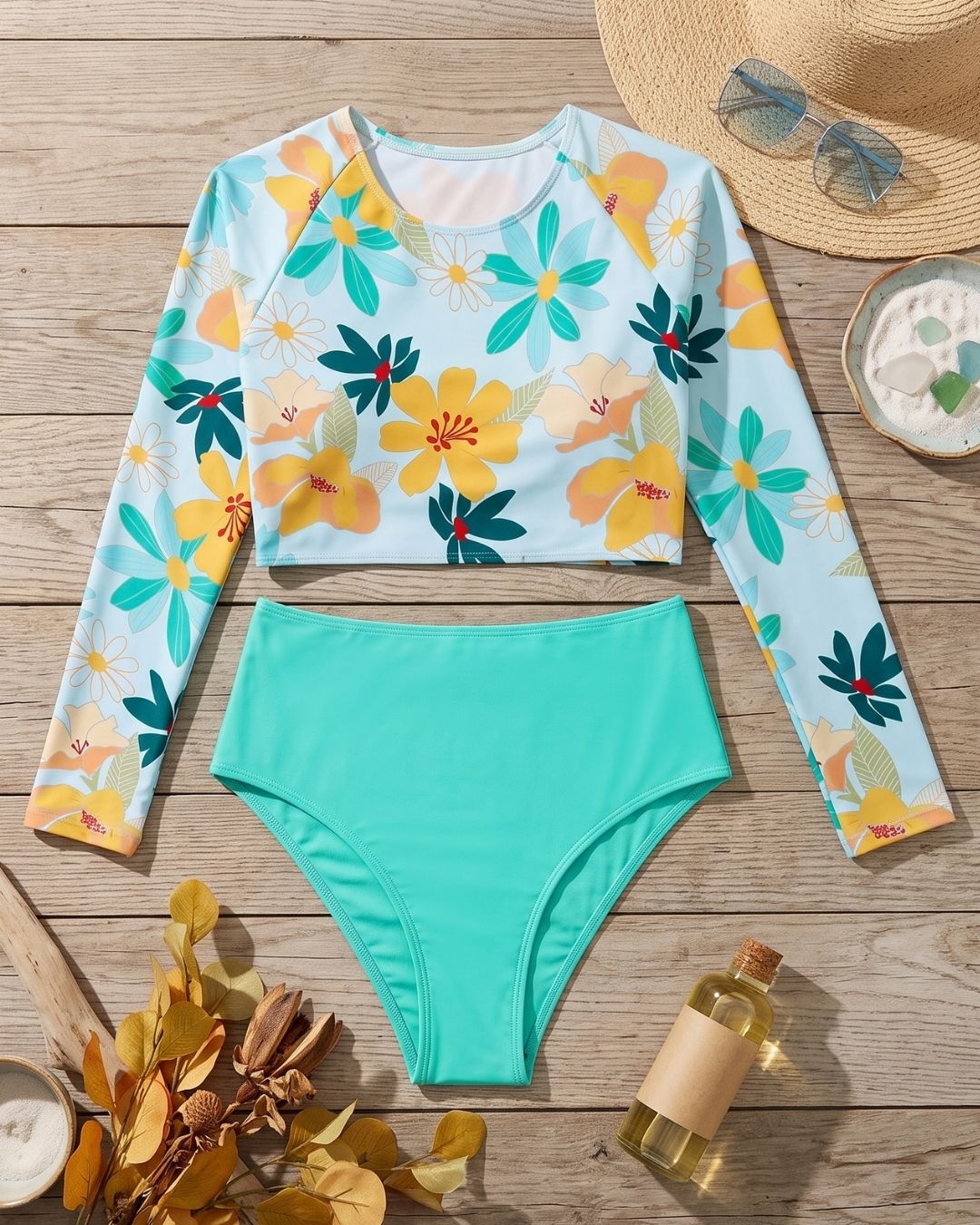 Biquíni Manga Comprida Com Estampado Floral Tropical