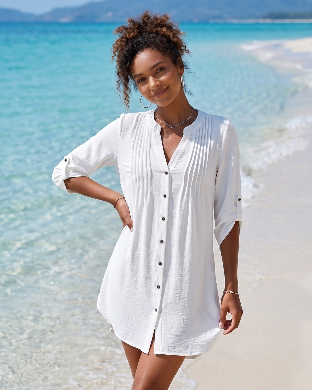 Saída de Praia Camiseira Com Botões Manga 3/4 Elegante