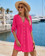 Saída de Praia Camiseira Com Botões Manga 3/4 Elegante