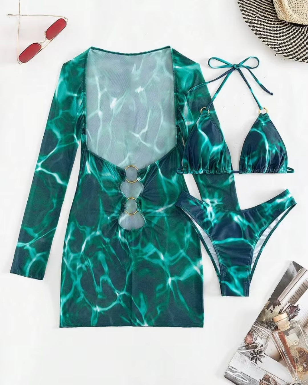 Biquíni Triângulo + Vestido Transparente Com Argolas