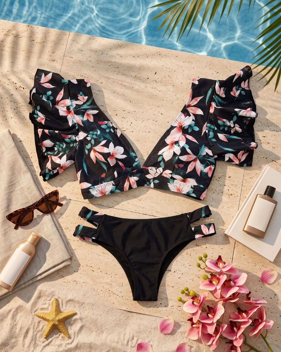 Biquíni Meia Taça Com Folhos E Estampado Tropical