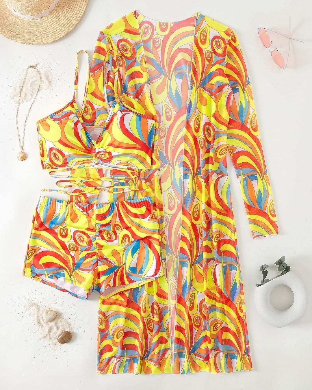 Biquíni + Saída de Praia Estampado Estilo Resort Retro