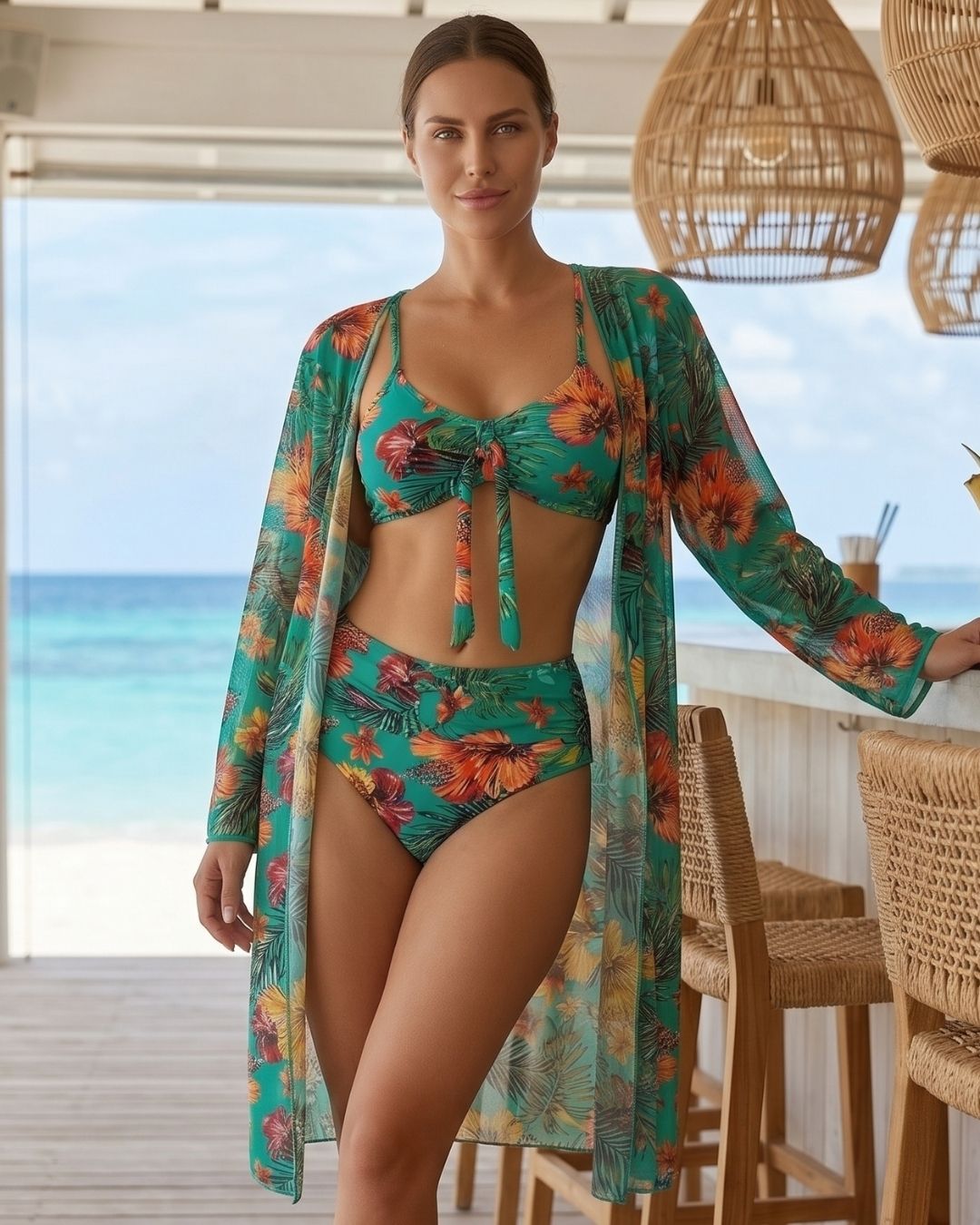 Biquíni + Saída de Praia Floral Estilo Resort