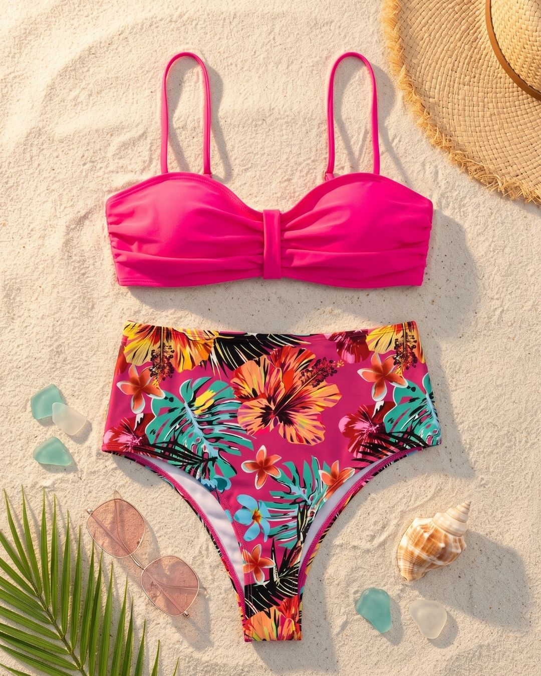 Biquíni Cintura Alta Estampado Com Top Bandeau Franzido