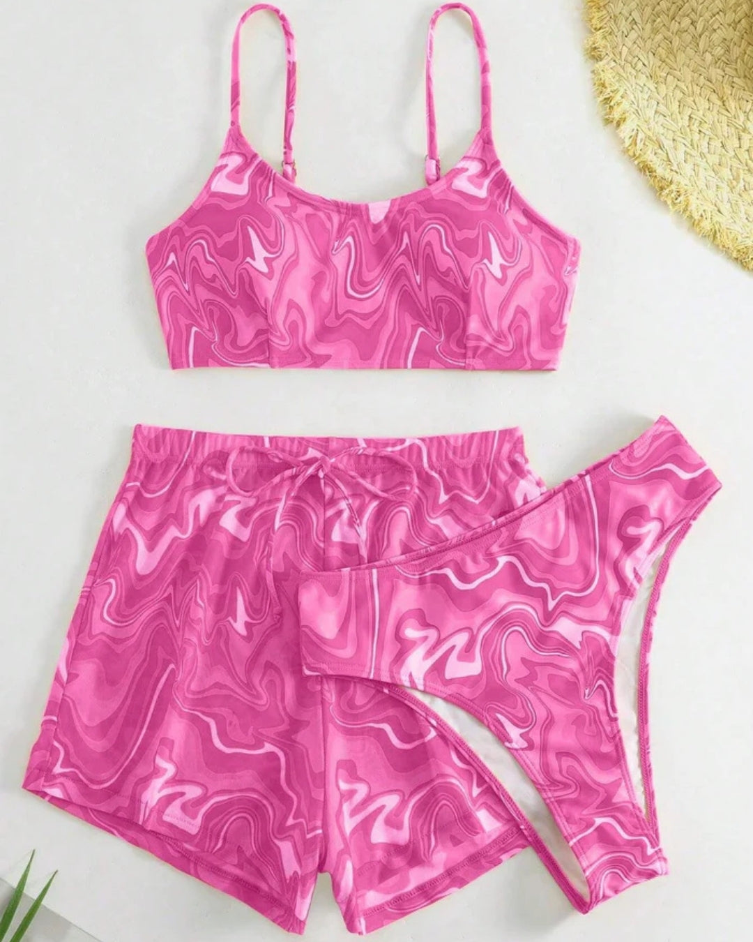 Conjunto Top Faixa + Cueca + Calções Com Estampado Abstrato