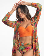 Biquíni + Saída de Praia Meia Taça Com Estampado Tropical