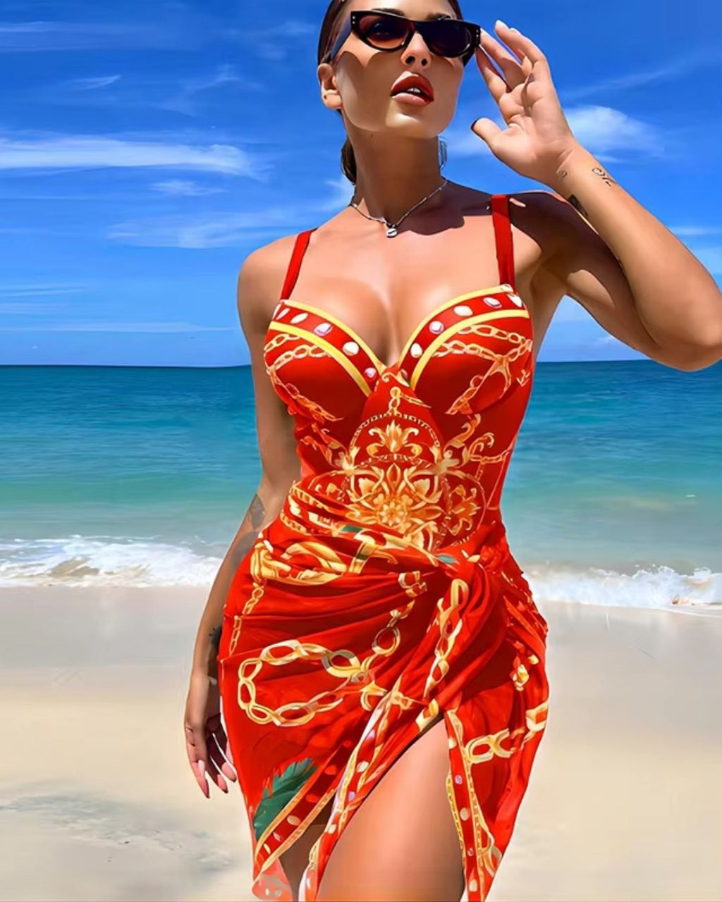 Fato de Banho + Saída de Praia Estampado Estilo Resort