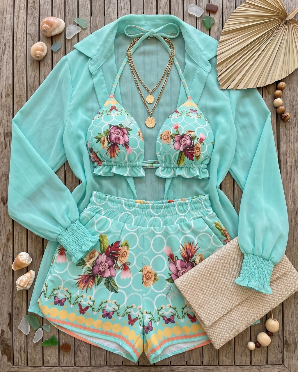 Conjunto de Praia Calções + Quimono Estampado Resort