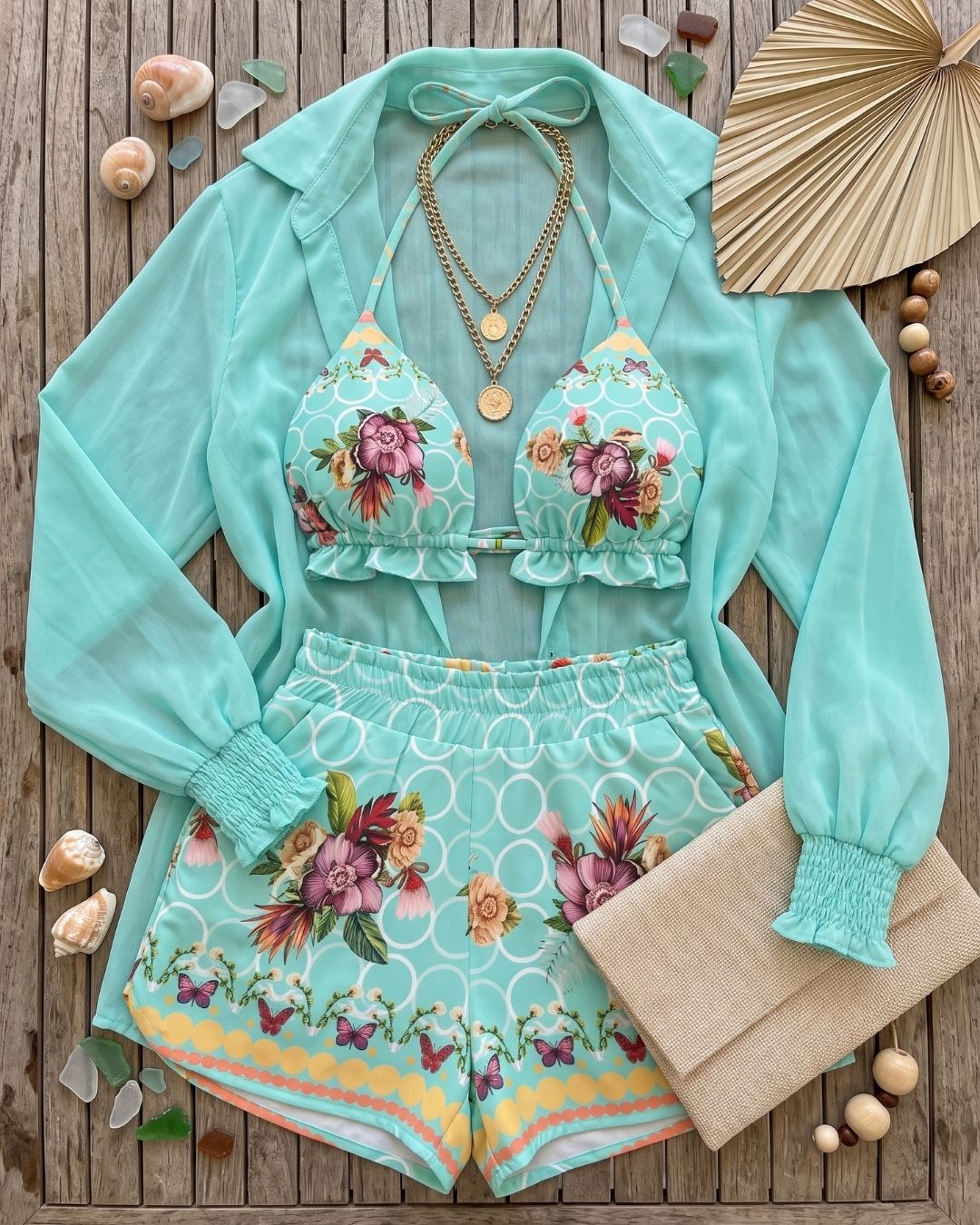 Conjunto de Praia Calções + Quimono Estampado Resort