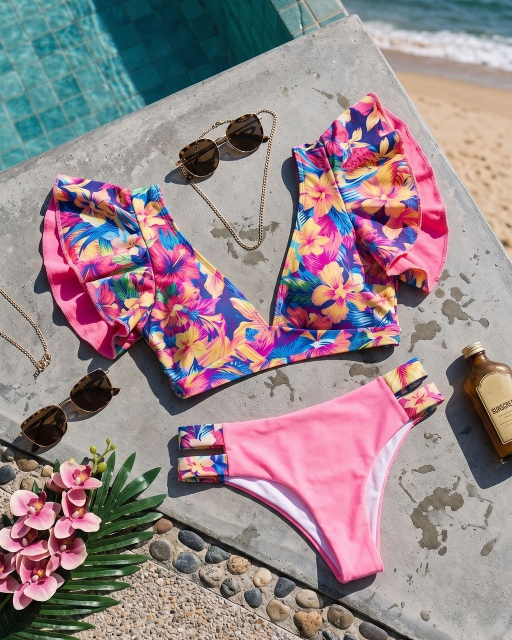 Biquíni Meia Taça Com Folhos E Estampado Tropical