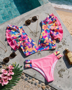 Biquíni Meia Taça Com Folhos E Estampado Tropical