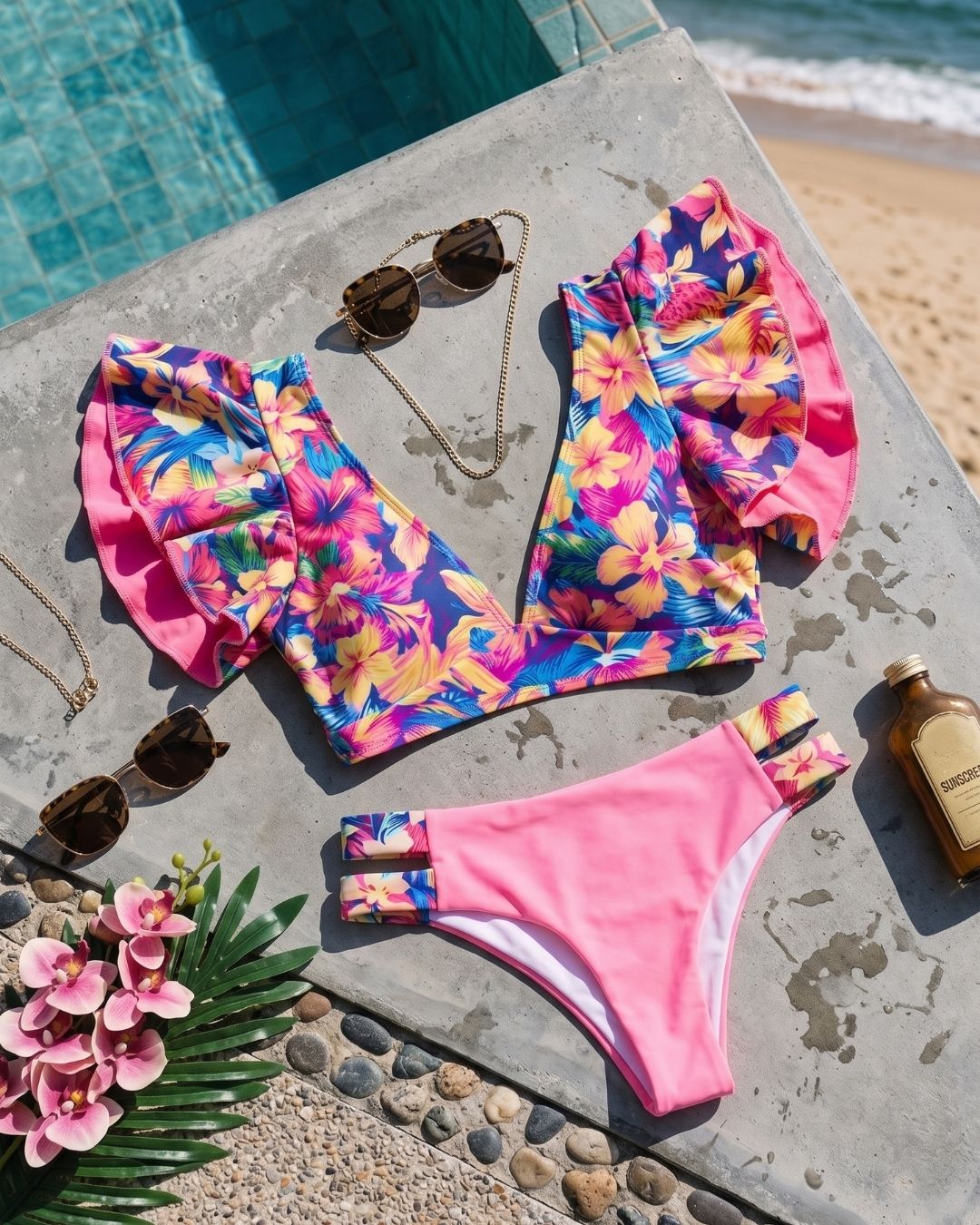 Biquíni Meia Taça Com Folhos E Estampado Tropical