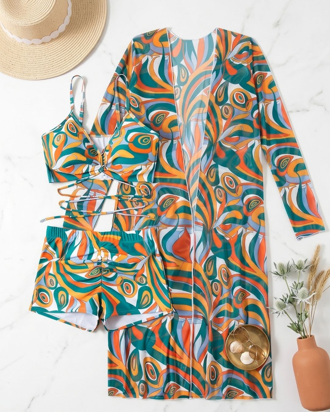 Biquíni + Saída de Praia Estampado Estilo Resort Retro