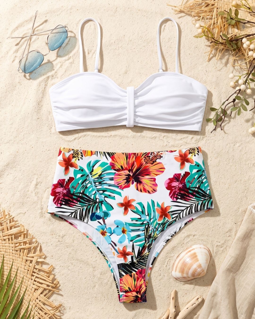 Biquíni Cintura Alta Estampado Com Top Bandeau Franzido