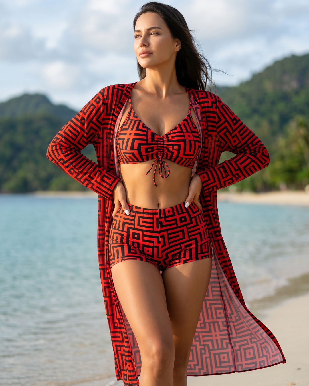 Conjunto de Praia Com Calções E Quimono Comprido
